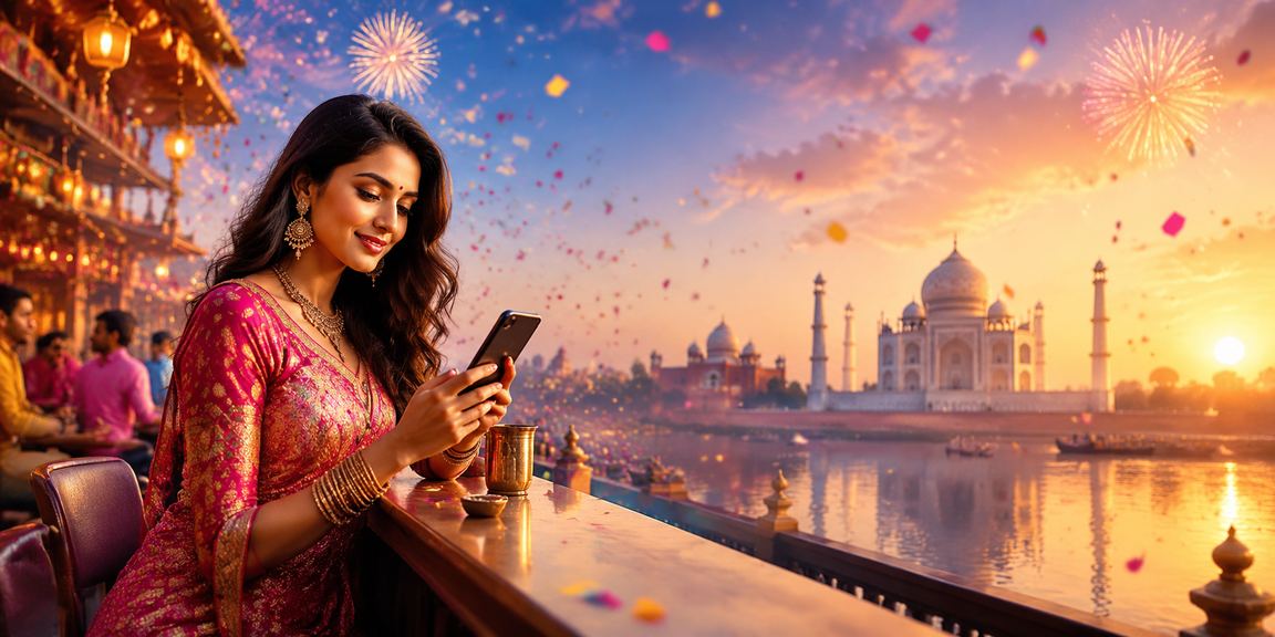 Player enjoying online casino slots with Taj Mahal backdrop in Agra